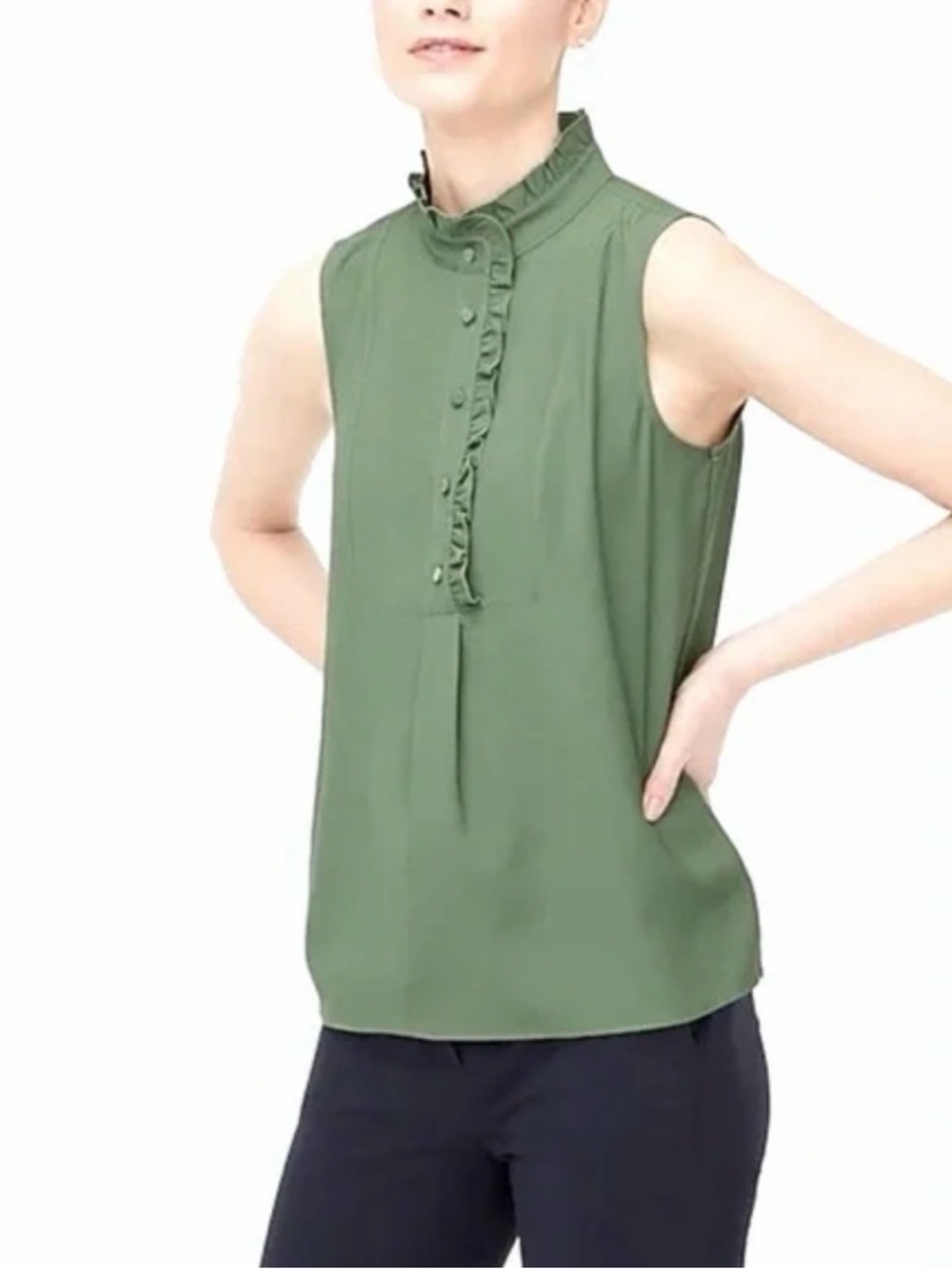 J. Crew Olive Green Sleeveless Ruffle-Trim Mock Neck Top